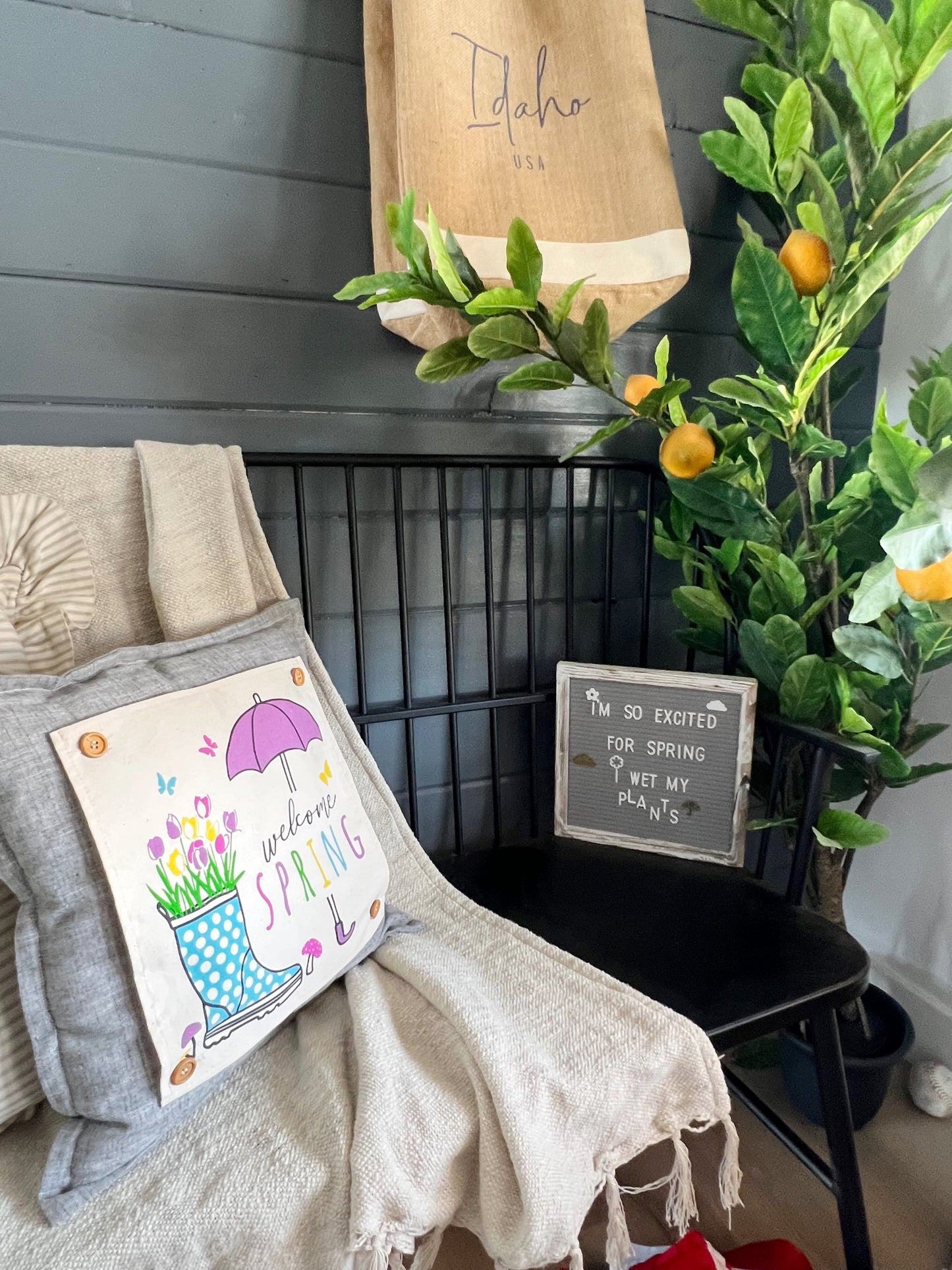 **SPECIAL COMBO OF THE WEEK:  SQUARE SPRING PANEL AND GRAY PILLOW: Flowers Tulip Vintage Floral RAINBOOTS UMBRELLA AND GRAY SQUARE PILLOW