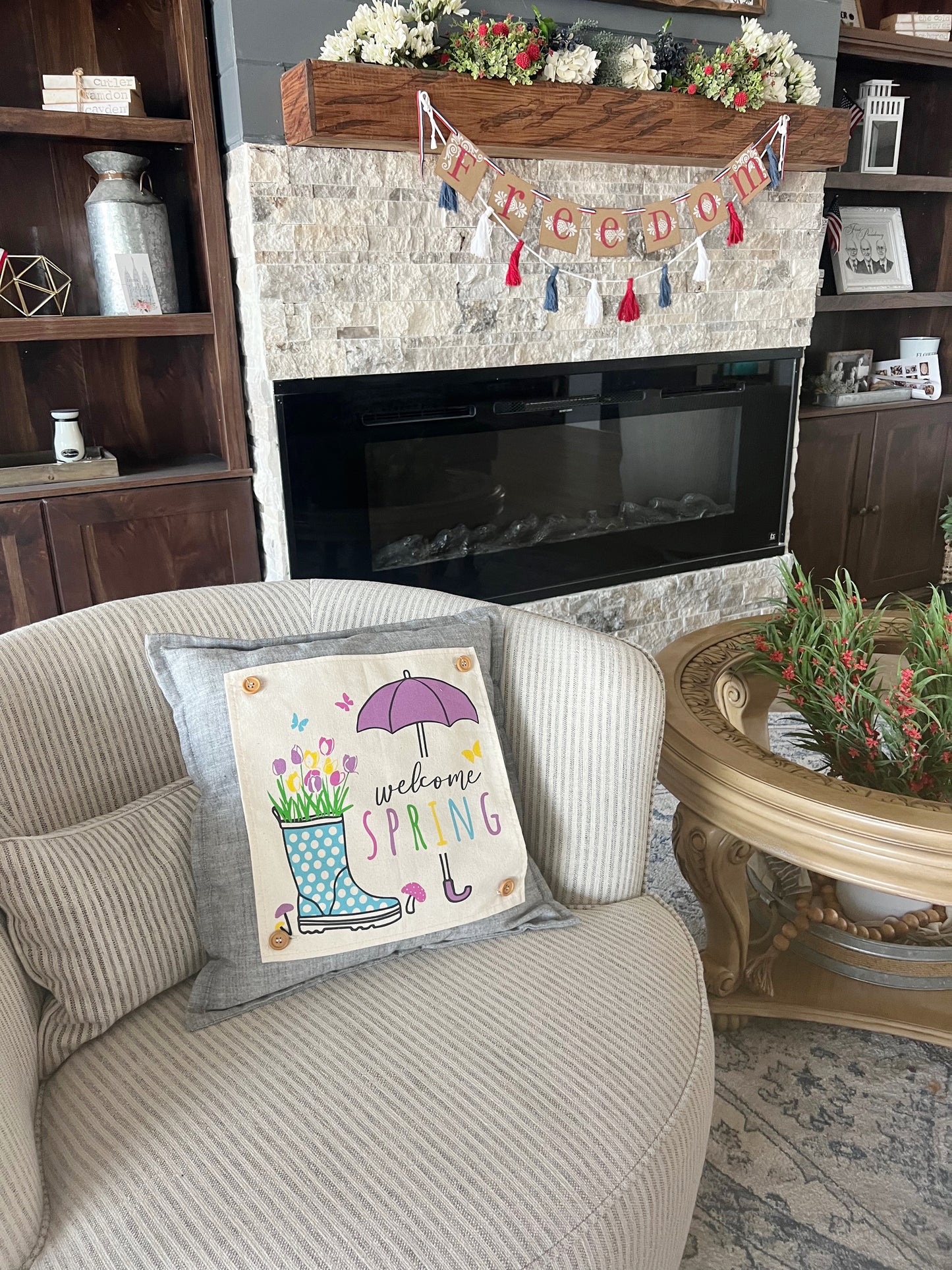 **SPECIAL COMBO OF THE WEEK:  SQUARE SPRING PANEL AND GRAY PILLOW: Flowers Tulip Vintage Floral RAINBOOTS UMBRELLA AND GRAY SQUARE PILLOW