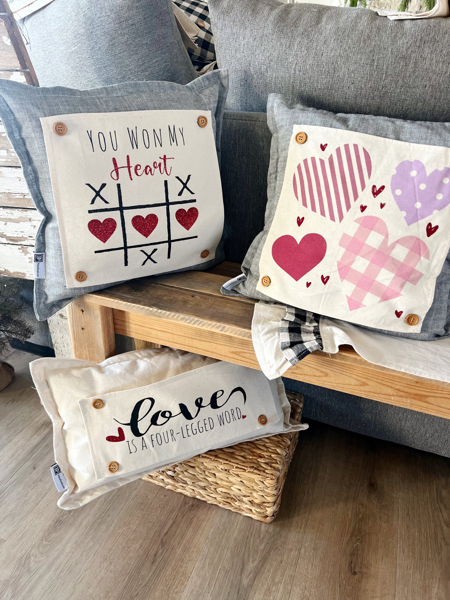 New! Bundle Deal: Valentines Bundle: One for Me & One for You ONE TICKING SQUARE & ONE TICKING RECTANGLE PILLOW, BE MY VALENTINE & HEARTS PANELS