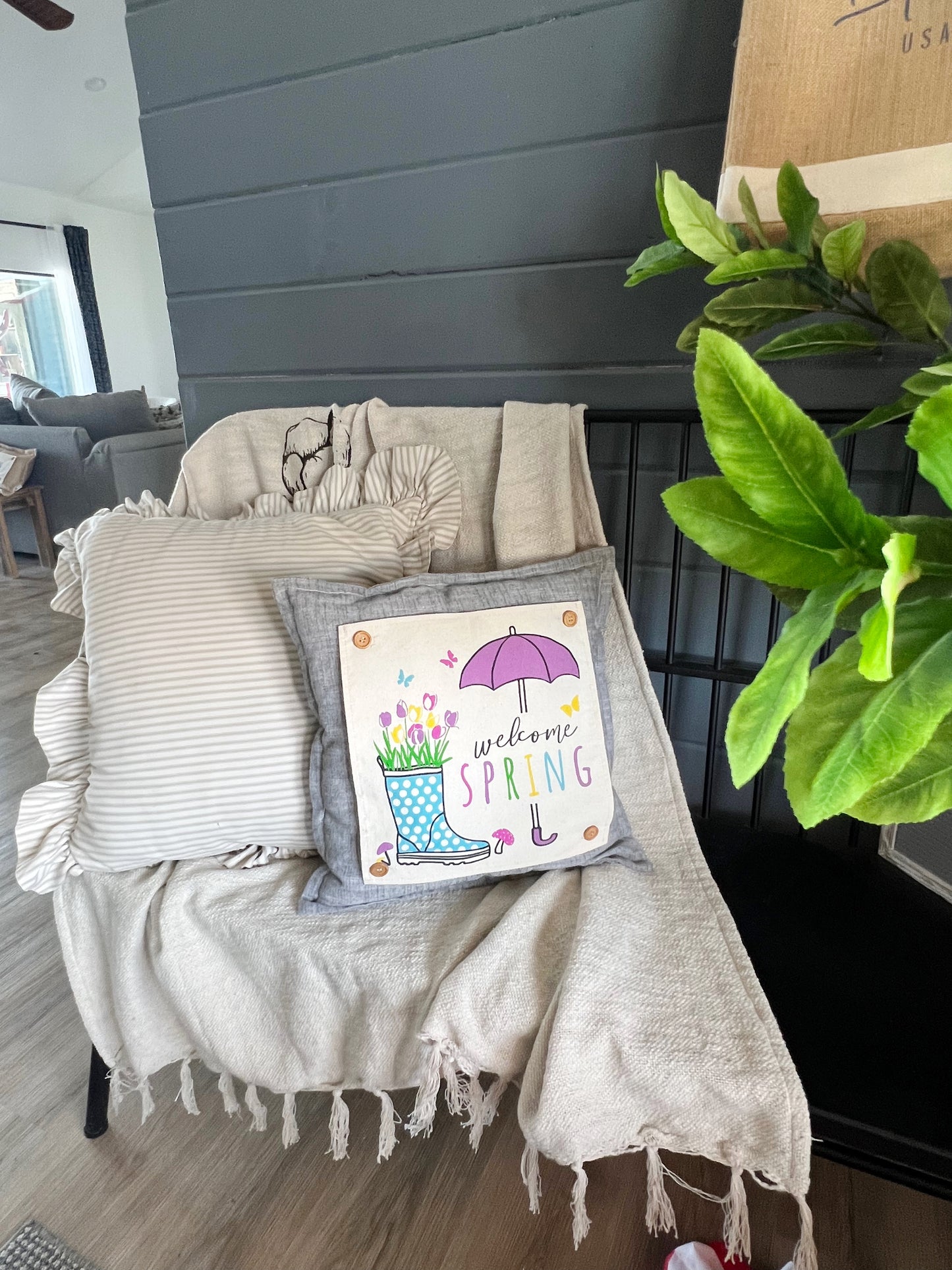 **SPECIAL COMBO OF THE WEEK:  SQUARE SPRING PANEL AND GRAY PILLOW: Flowers Tulip Vintage Floral RAINBOOTS UMBRELLA AND GRAY SQUARE PILLOW