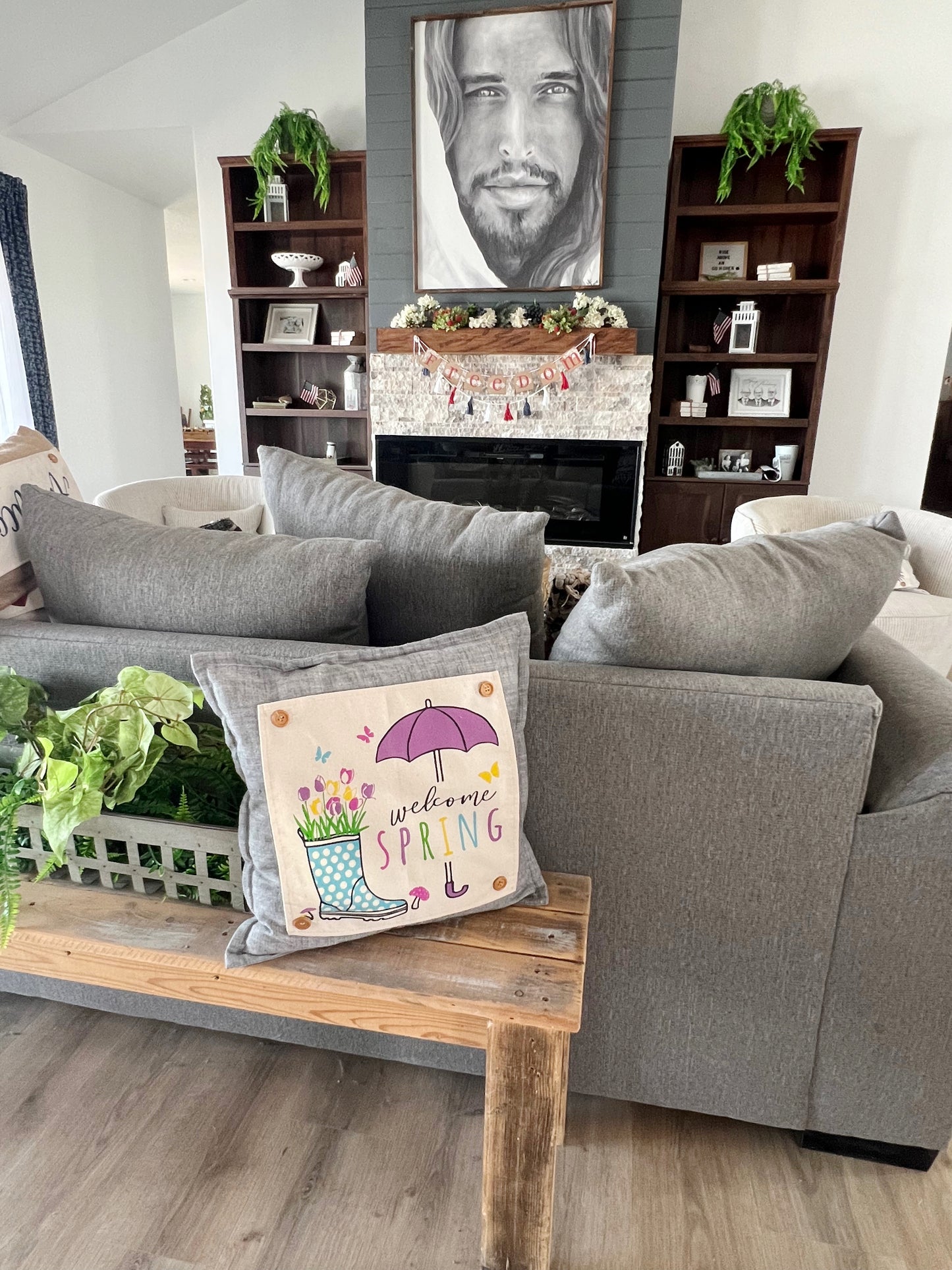 **SPECIAL COMBO OF THE WEEK:  SQUARE SPRING PANEL AND GRAY PILLOW: Flowers Tulip Vintage Floral RAINBOOTS UMBRELLA AND GRAY SQUARE PILLOW