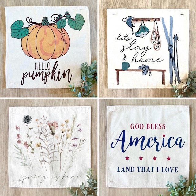 GIFT GUIDE: PERFECT FOR THE ONE WHO HAS EVERYTHING! SQUARE SET: TICKING STRIPES PILLOW (comes with foam insert and these 4 panels in back pocket); Winter Spring Summer Fall Autumn: SKI BENCH, HELLO PUMPKIN, LAND THAT I LOVE, SPRING DRIED FLOWERS
