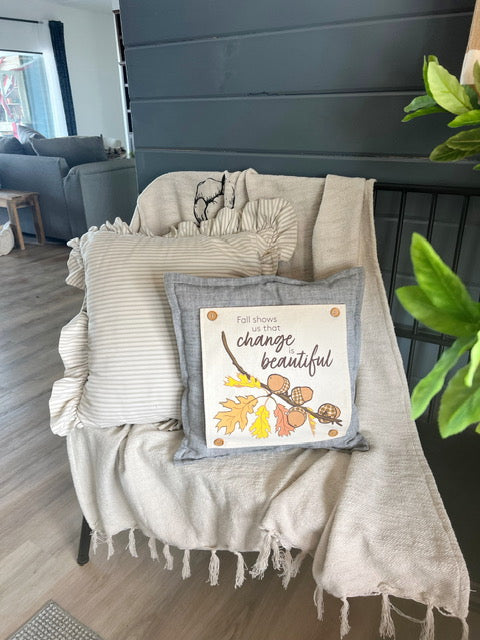 SQUARE BUNDLE SET: TICKING STRIPES PILLOW (comes with foam insert and these 3 panels in back pocket); Winter Fall Autumn: HELLO PUMPKIN, ACORN BRANCH, CANDY CANES