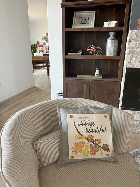 SQUARE BUNDLE SET: TICKING STRIPES PILLOW (comes with foam insert and these 3 panels in back pocket); Winter Fall Autumn: HELLO PUMPKIN, ACORN BRANCH, CANDY CANES