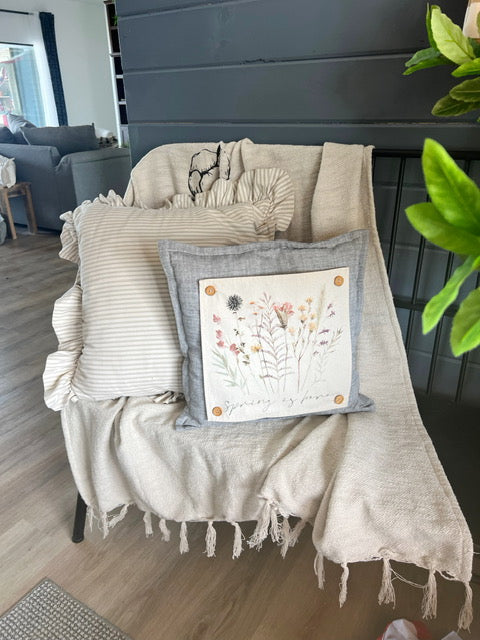 NEW! SQUARE BUNDLE SET: TICKING STRIPES PILLOW (comes with foam insert and these 3 panels in back pocket); Winter : SKI BENCH, HEARTS, PRESSED FLOWERS