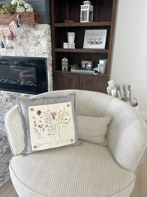 GIFT GUIDE: PERFECT FOR THE ONE WHO HAS EVERYTHING! SQUARE SET: TICKING STRIPES PILLOW (comes with foam insert and these 4 panels in back pocket); Winter Spring Summer Fall Autumn: SKI BENCH, HELLO PUMPKIN, LAND THAT I LOVE, SPRING DRIED FLOWERS