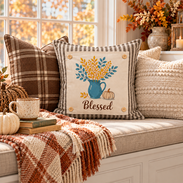 NEW! PANEL ONLY: SQUARE Fall Autumn leaves pumpkin BLESSED BLUE PITCHER
