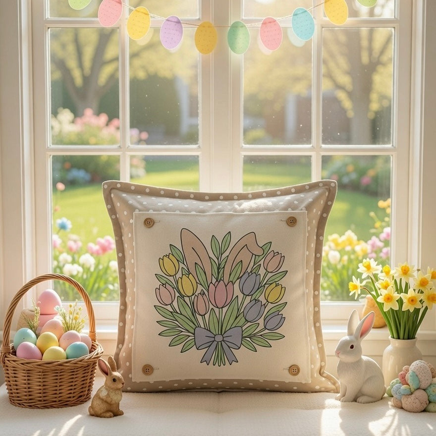 PANEL ONLY: SQUARE Spring Happy Easter Bunny, pastels, flowers, tulips, BUNNY EARS