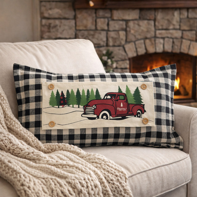 PANEL ONLY: RECTANGLE Holiday Panel: Winter, Trees, Father's Day Dad Vintage; Christmas Red Buffalo PLAID TREE TRUCK