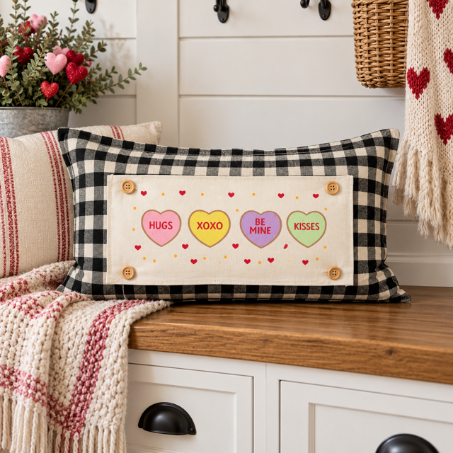 NEW! RECTANGLE WINTER BUNDLE: 3 seasons + BUFFALO CHECK REC. pillow: NATIVITY, 3 SNOWMEN, CONVERSATION HEARTS