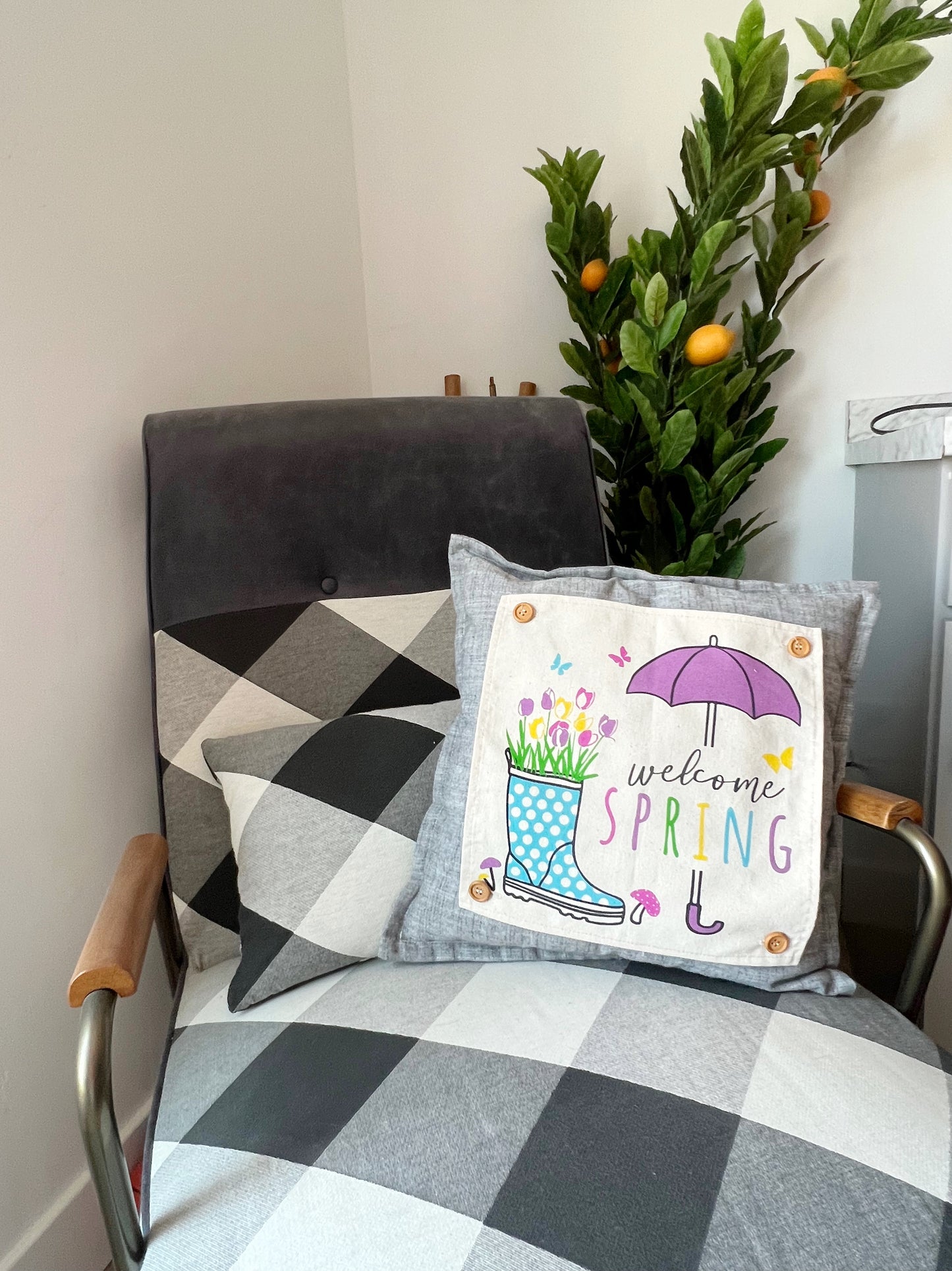 **SPECIAL COMBO OF THE WEEK:  SQUARE SPRING PANEL AND GRAY PILLOW: Flowers Tulip Vintage Floral RAINBOOTS UMBRELLA AND GRAY SQUARE PILLOW