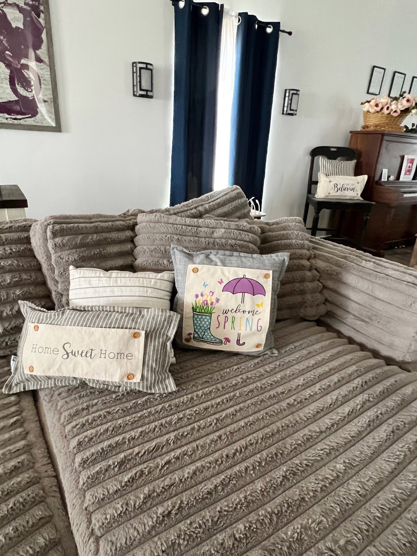 **SPECIAL COMBO OF THE WEEK:  SQUARE SPRING PANEL AND GRAY PILLOW: Flowers Tulip Vintage Floral RAINBOOTS UMBRELLA AND GRAY SQUARE PILLOW