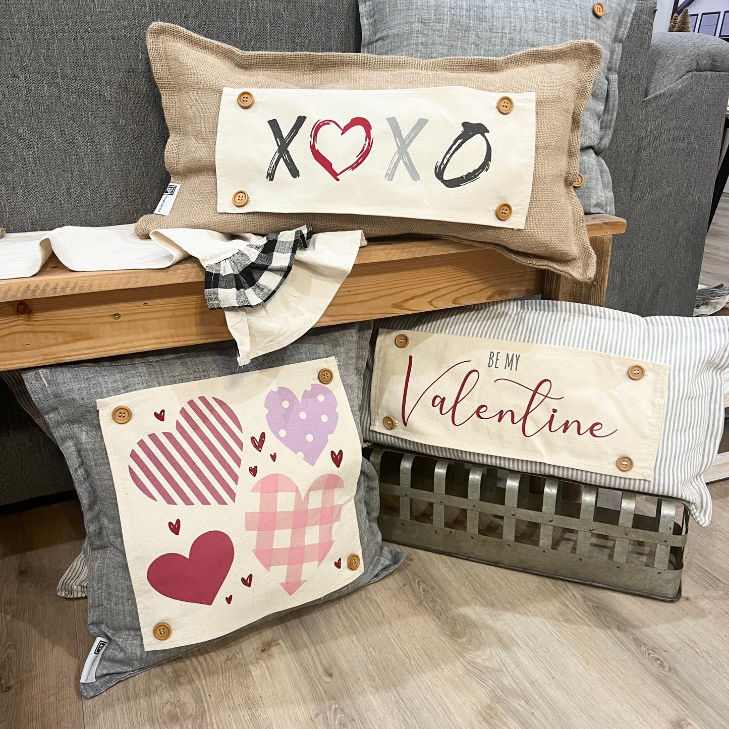 New! Bundle Deal: Valentines Bundle: One for Me & One for You ONE TICKING SQUARE & ONE TICKING RECTANGLE PILLOW, BE MY VALENTINE & HEARTS PANELS