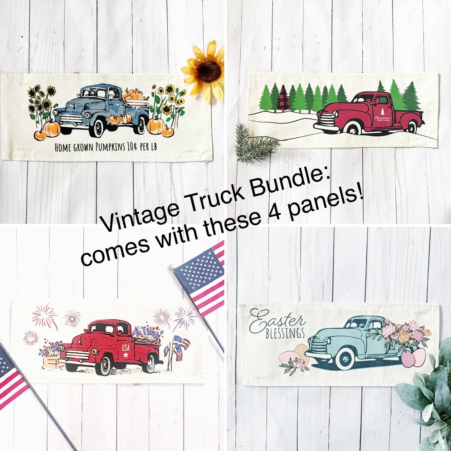 Bundle Deal: Vintage Truck Panels (4 pack) SAVE!! Spring, Summer, Fall, Christmas, EASTER / FIREWORKS / PUMPKIN / PLAID TREE TRUCKS