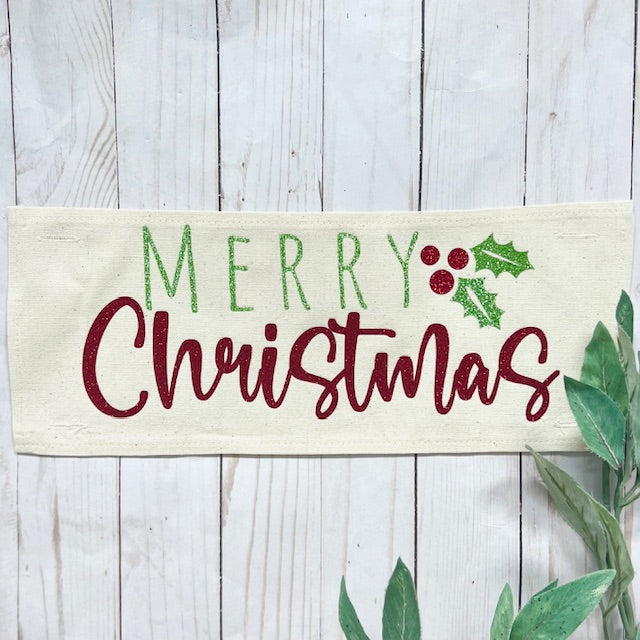 Glitter Holiday Panel: Winter Mistletoe MERRY CHRISTMAS HOLLY BERRY