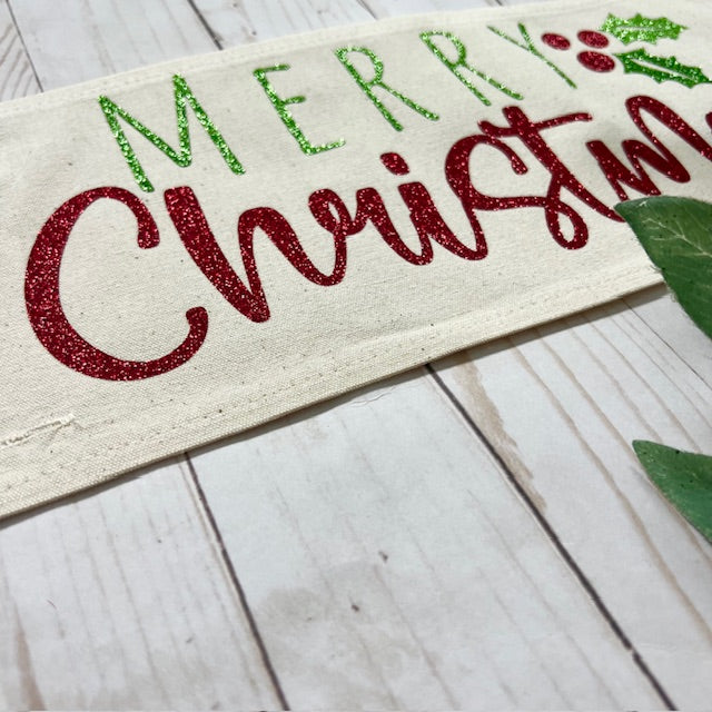 Glitter Holiday Panel: Winter Mistletoe MERRY CHRISTMAS HOLLY BERRY