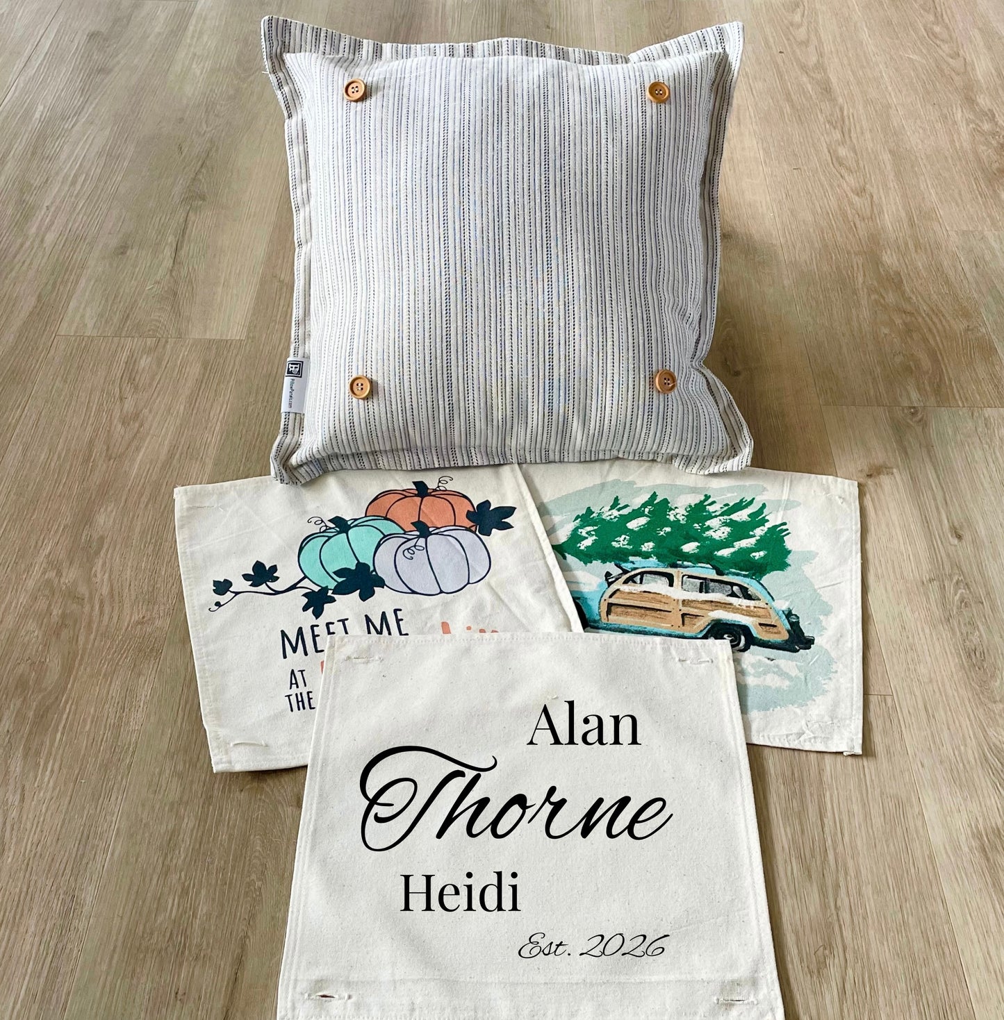 NEW! Custom Fall Wedding Gift Bundle: 2 seasons + SQUARE TICKING STRIPE pillow + custom last name panel: PUMPKIN PATCH, STATION WAGON, CUSTOM LAST NAME PANEL