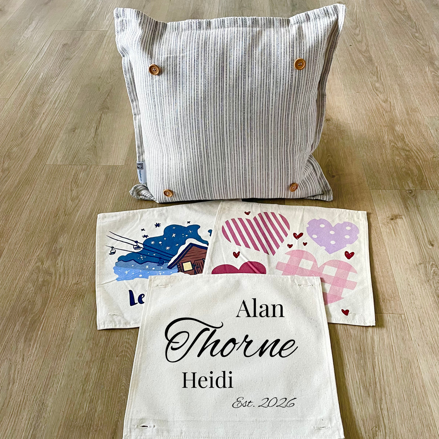 NEW! Custom Winter Wedding Gift Bundle: 2 seasons + SQUARE TICKING STRIPE pillow + custom last name panel: SKI LODGE, HEARTS, CUSTOM LAST NAME PANEL