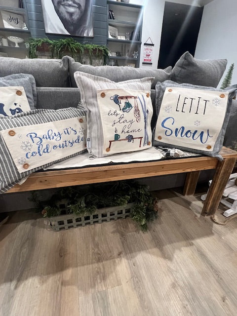 GIFT GUIDE: PERFECT FOR THE ONE WHO HAS EVERYTHING! SQUARE SET: TICKING STRIPES PILLOW (comes with foam insert and these 4 panels in back pocket); Winter Spring Summer Fall Autumn: SKI BENCH, HELLO PUMPKIN, LAND THAT I LOVE, SPRING DRIED FLOWERS
