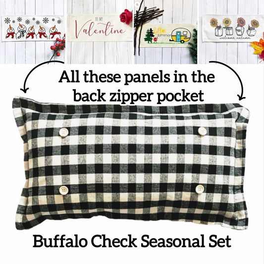 SEASONAL SET: Buffalo Check Gingham Pillow (comes w/ foam insert & these 4 panels in back pocket)  SUNFLOWERS, SNOWMAN SCARVES, BE MY VALENTINE, SUMMER VINTAGE CAMPER