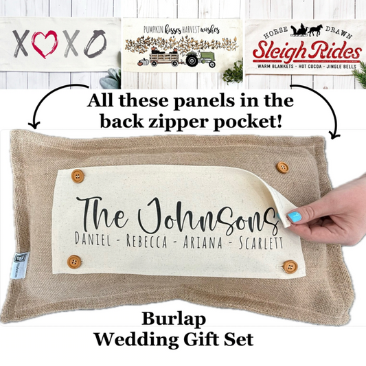 Custom Wedding Gift Bundle:  3 seasons + BURLAP pillow + custom last name panel: XOXO, TRACTOR, SLEIGH RIDE, CUSTOM LAST NAME PANEL