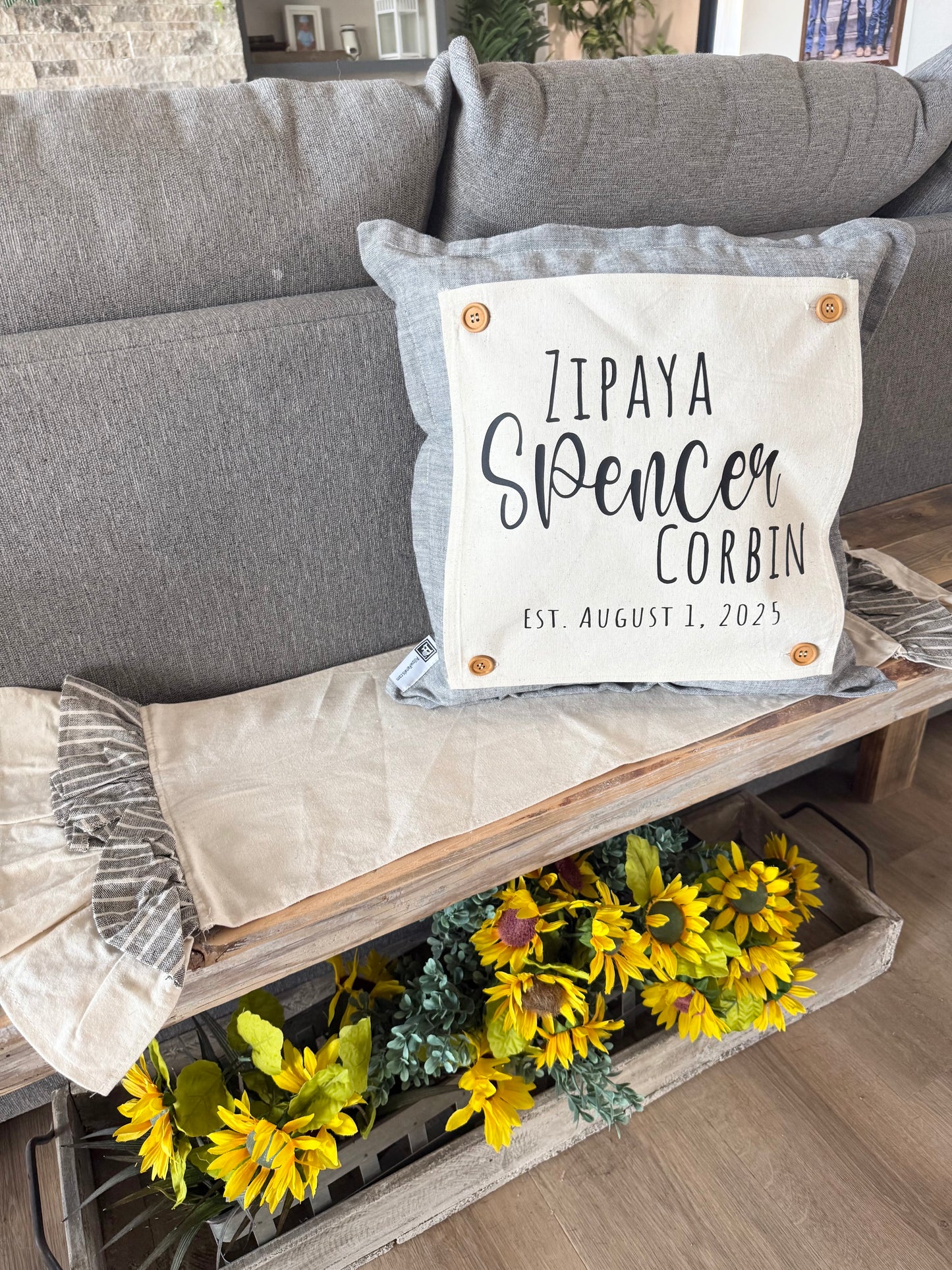 Custom Wedding Gift Bundle: 3 seasons + SQUARE GRAY pillow + custom last name panel: PUMPKIN PATCH, SUMMER POPSICLES, VALENTINE HEARTS, CUSTOM LAST NAME PANEL