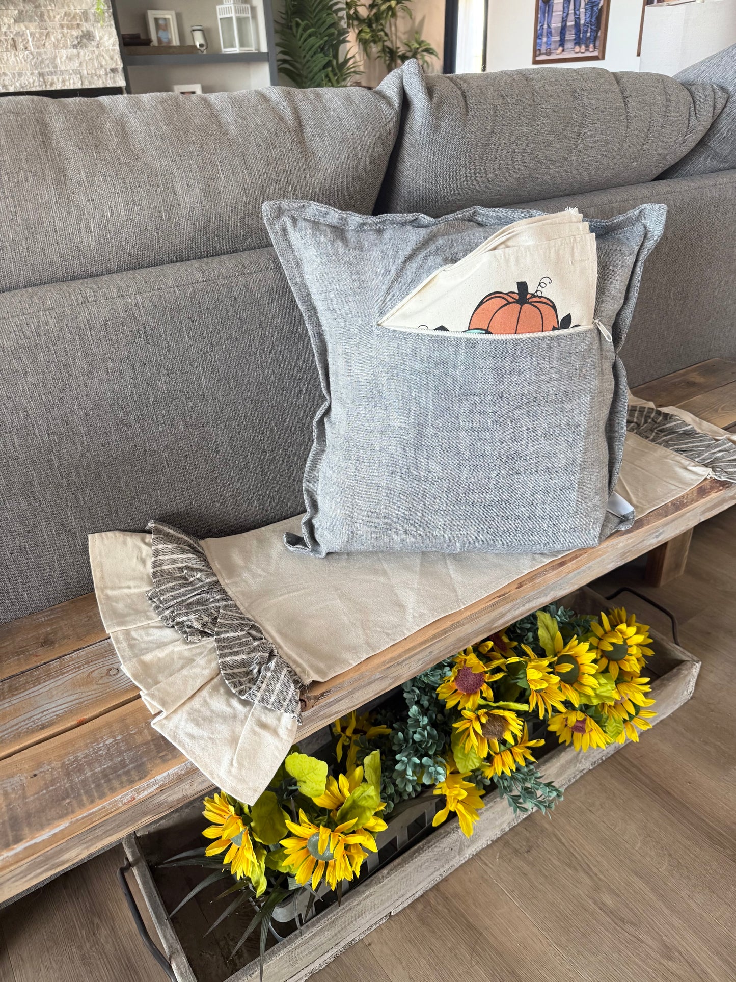 Custom Wedding Gift Bundle: 3 seasons + SQUARE GRAY pillow + custom last name panel: PUMPKIN PATCH, SUMMER POPSICLES, VALENTINE HEARTS, CUSTOM LAST NAME PANEL