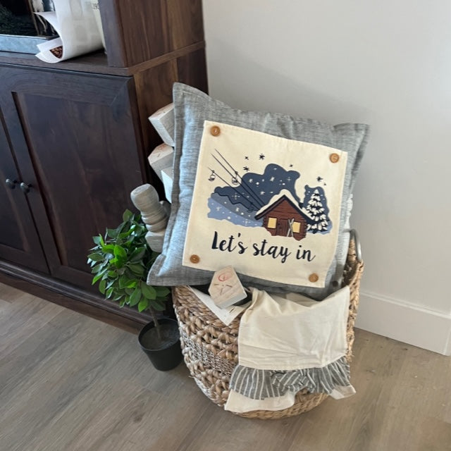 NEW! Custom Winter Wedding Gift Bundle: 2 seasons + SQUARE TICKING STRIPE pillow + custom last name panel: SKI LODGE, HEARTS, CUSTOM LAST NAME PANEL