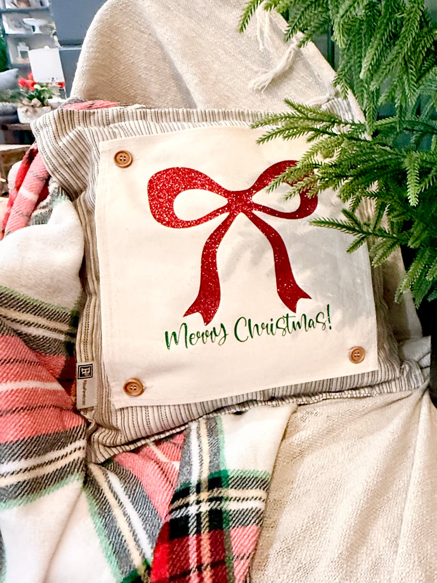 NEW! SQUARE Glitter Seasonal Panel: Winter Bling Sparkle Twinkle Bling Glitz Confetti Green Merry Christmas Bow RED RIBBON