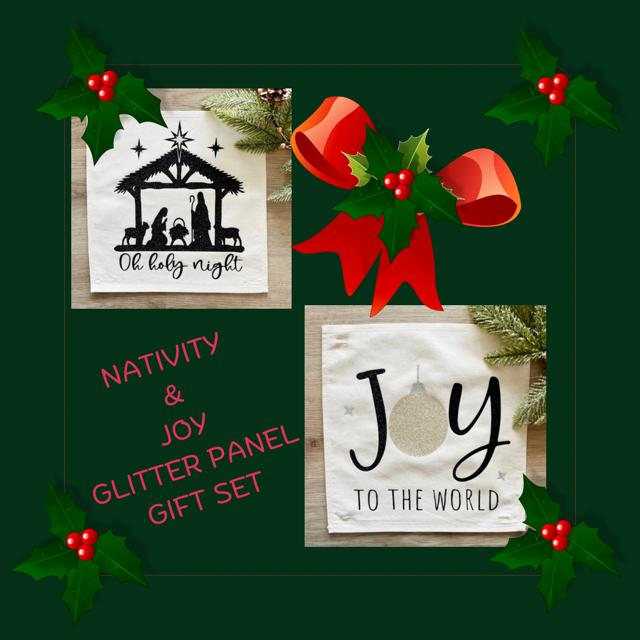 GIFT GUIDE: PERFECT FOR THE GLITTERY GAL IN YOUR LIFE! SQUARE GIFT SET of 2: Glitter NATIVITY OH HOLY NIGHT and GLITTER JOY TO THE WORLD