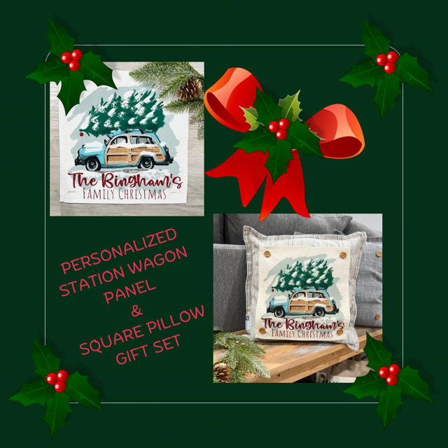 GIFT GUIDE: FOR THE TRADITIONAL CHRISTMAS MOVIE LOVERS! SQUARE GIFT SET: PERSONALIZED GLITTER CHRISTMAS TREE STATIONWAGON AND SQUARE CHARCOAL PILLOW