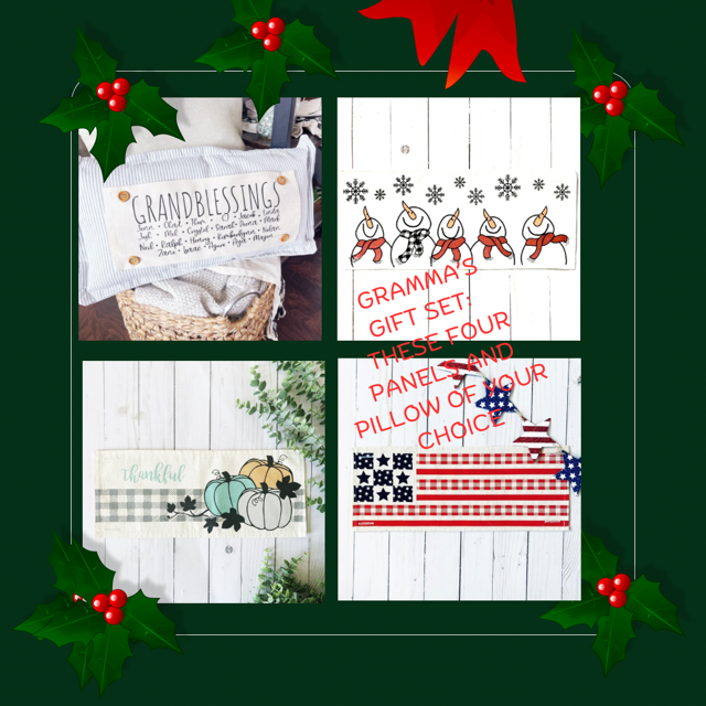 GIFT SET for Gramma, Mimi, Oma, Nonni, Nana: PILLOW GRANDBLESSINGS CUSTOM PANEL, SNOWMAN SCARVES, THANKFUL PUMPKINS, BARNQUILT FLAG