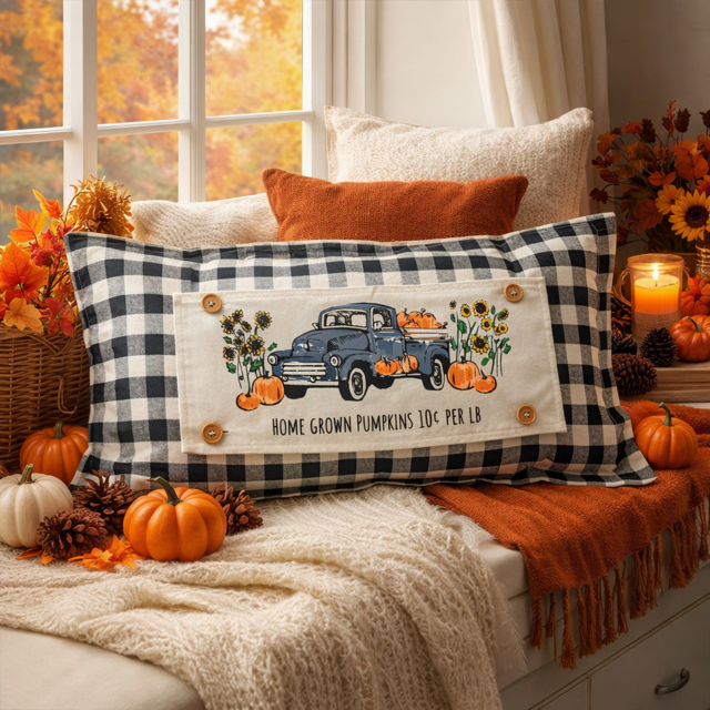 NEW! RECTANGLE GLITTER SPRING/SUMMER/FALL BUNDLE: 3 seasons + GRAY/WHITE TICKING STRIPE REC. pillow: GLITTER MOTHER'S MAKE THE WORLD GO 'ROUND, BARN QUILT, PUMPKIN TRUCK