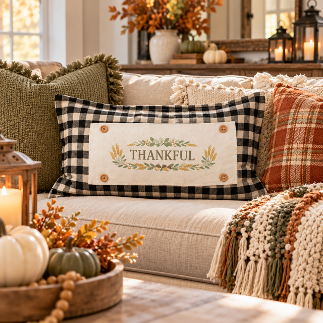 NEW! PANEL ONLY: Fall Autumn wheat acorns berries Thanksgiving; THANKFUL