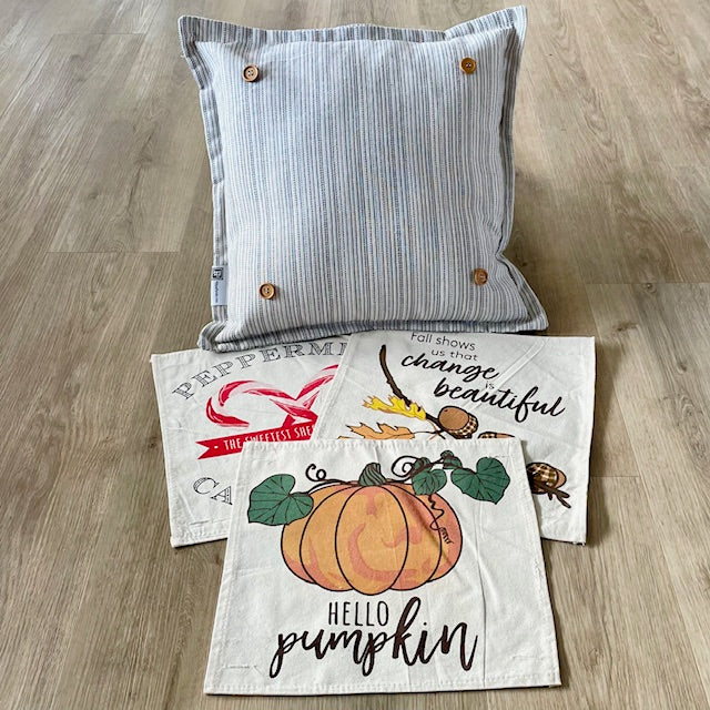 SQUARE BUNDLE SET: TICKING STRIPES PILLOW (comes with foam insert and these 3 panels in back pocket); Winter Fall Autumn: HELLO PUMPKIN, ACORN BRANCH, CANDY CANES