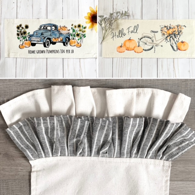 PARTY PACKAGE BUNDLE: Holiday Panel Thanksgiving November Fall Autumn, farmhouse charcoal runner: VINTAGE SUNFLOWER PUMPKIN TRUCK / FALL BIKE + CHARCOAL/CREAM TABLE RUNNER