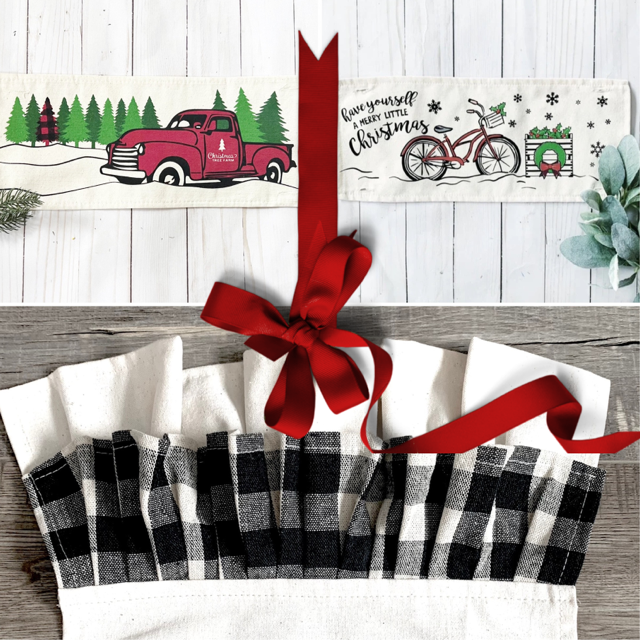 NEW! GIFT PARTY PACKAGE BUNDLE: Holiday Pillow Cover Panel Christmas Winter: Runner Combo VINTAGE CHRISTMAS BIKE / RED TRUCK + buffalo check runner