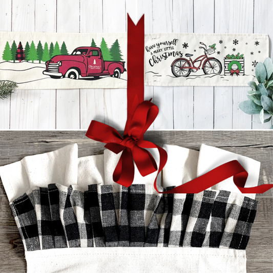 NEW!  GIFT PARTY PACKAGE BUNDLE: Holiday Pillow Cover Panel Christmas Winter: Runner Combo VINTAGE CHRISTMAS BIKE / RED TRUCK + buffalo check runner