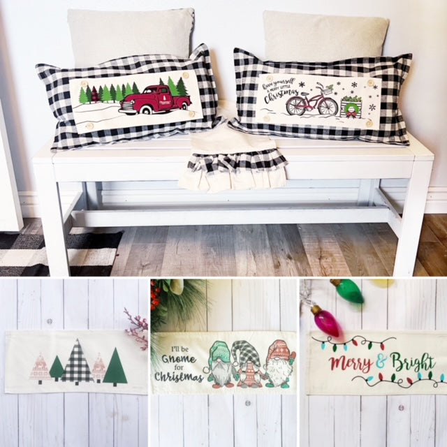 NEW! GIFT PARTY PACKAGE BUNDLE: Holiday Pillow Cover Panel Christmas Winter: Runner Combo VINTAGE CHRISTMAS BIKE / RED TRUCK + buffalo check runner