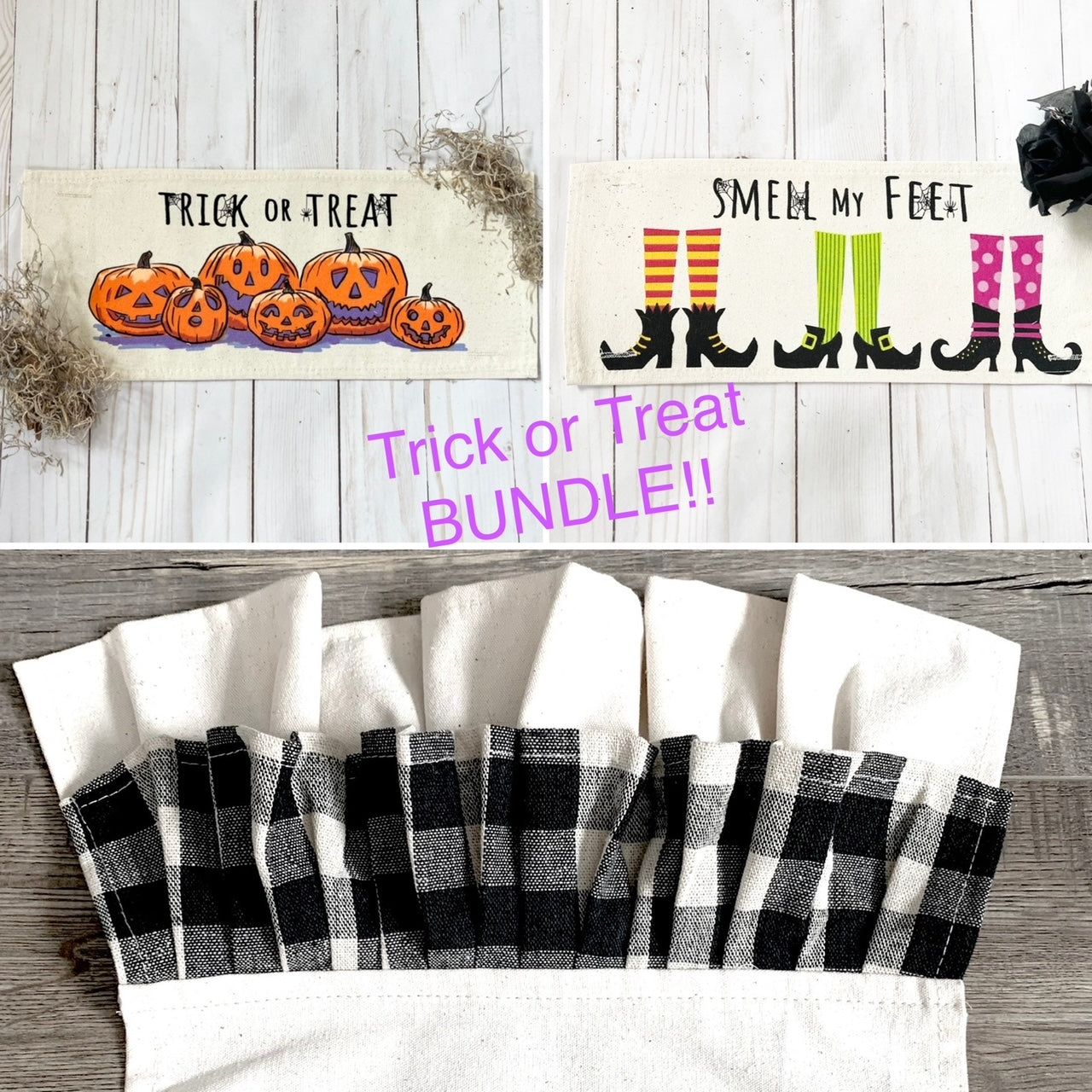 PARTY PACKAGE BUNDLE: Holiday Panel Halloween October Fall Autumn: Trick or Treat / Smell My Feet + BUFFALO CHECK RUNNER