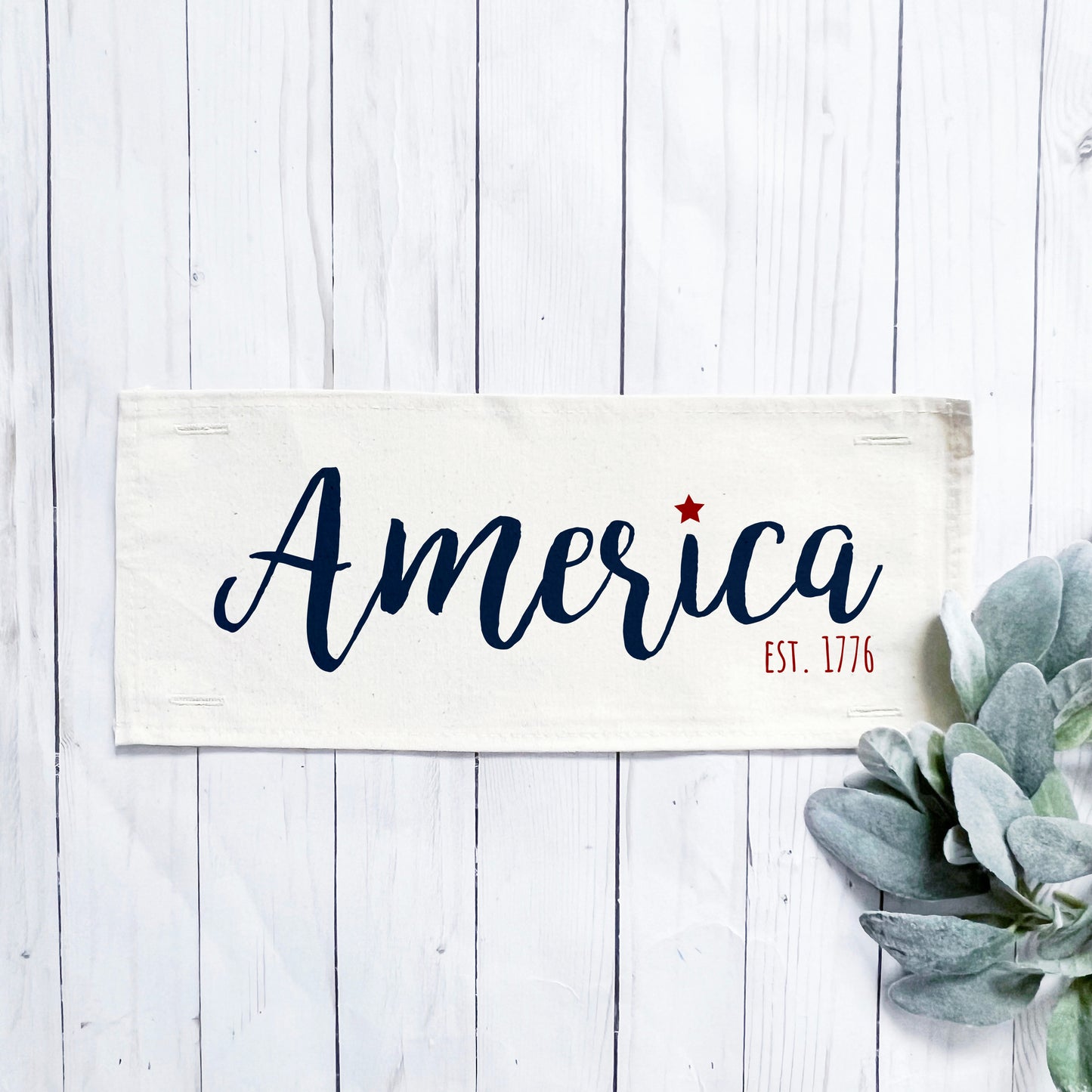 Holiday Panel: Summer, Star, Red, White and Blue, Cursive, Est. Vintage, Farmhouse; AMERICA 1776