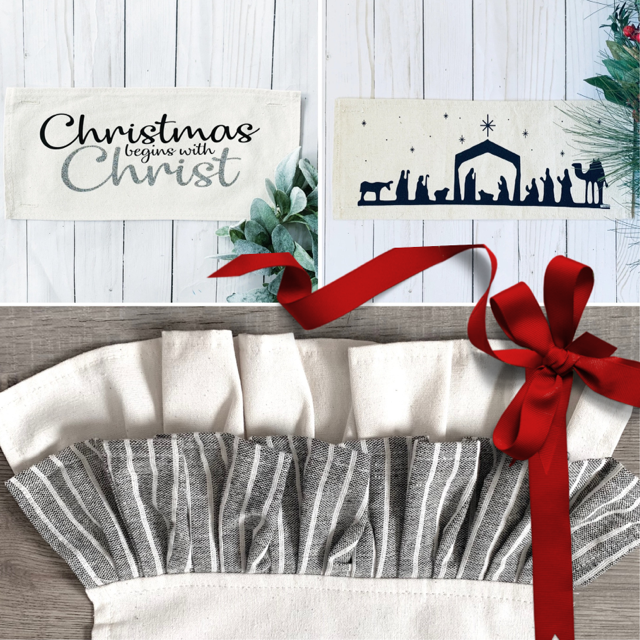 NEW! GLITTER GIFT PARTY PACKAGE BUNDLE: Holiday Pillow Cover Panel Christmas Winter: Runner Combo GLITTER CHRISTMAS BEGINS WITH CHRIST / NATIVITY SILOUETTE + CHARCOAL/GREY STRIPES TRABLE RUNNER