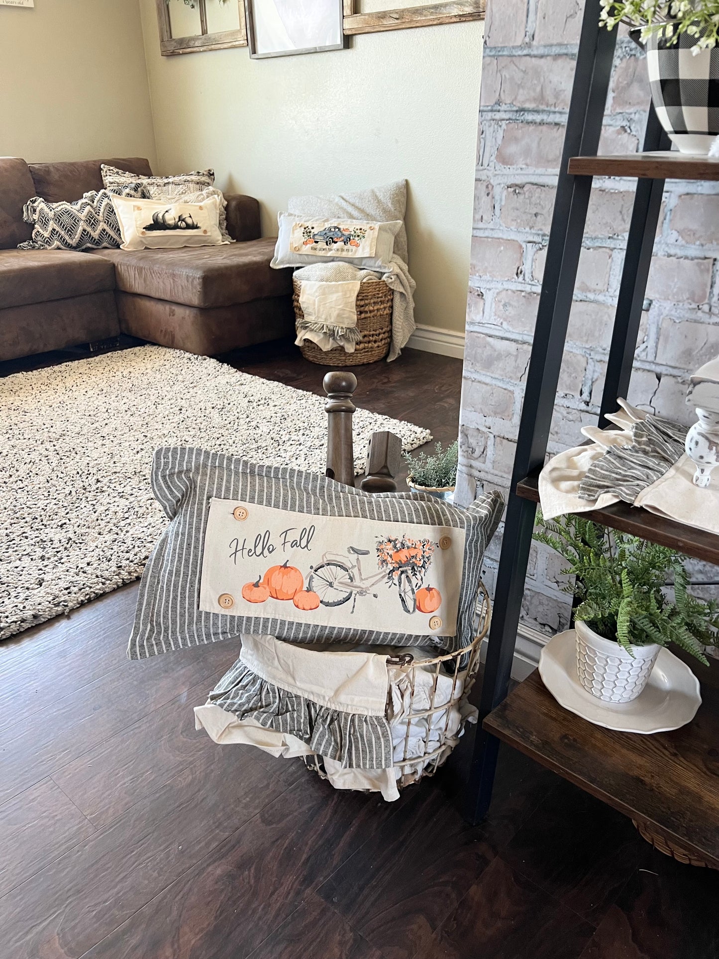 PARTY PACKAGE BUNDLE: Holiday Panel Thanksgiving November Fall Autumn, farmhouse charcoal runner: VINTAGE SUNFLOWER PUMPKIN TRUCK / FALL BIKE + CHARCOAL/CREAM TABLE RUNNER