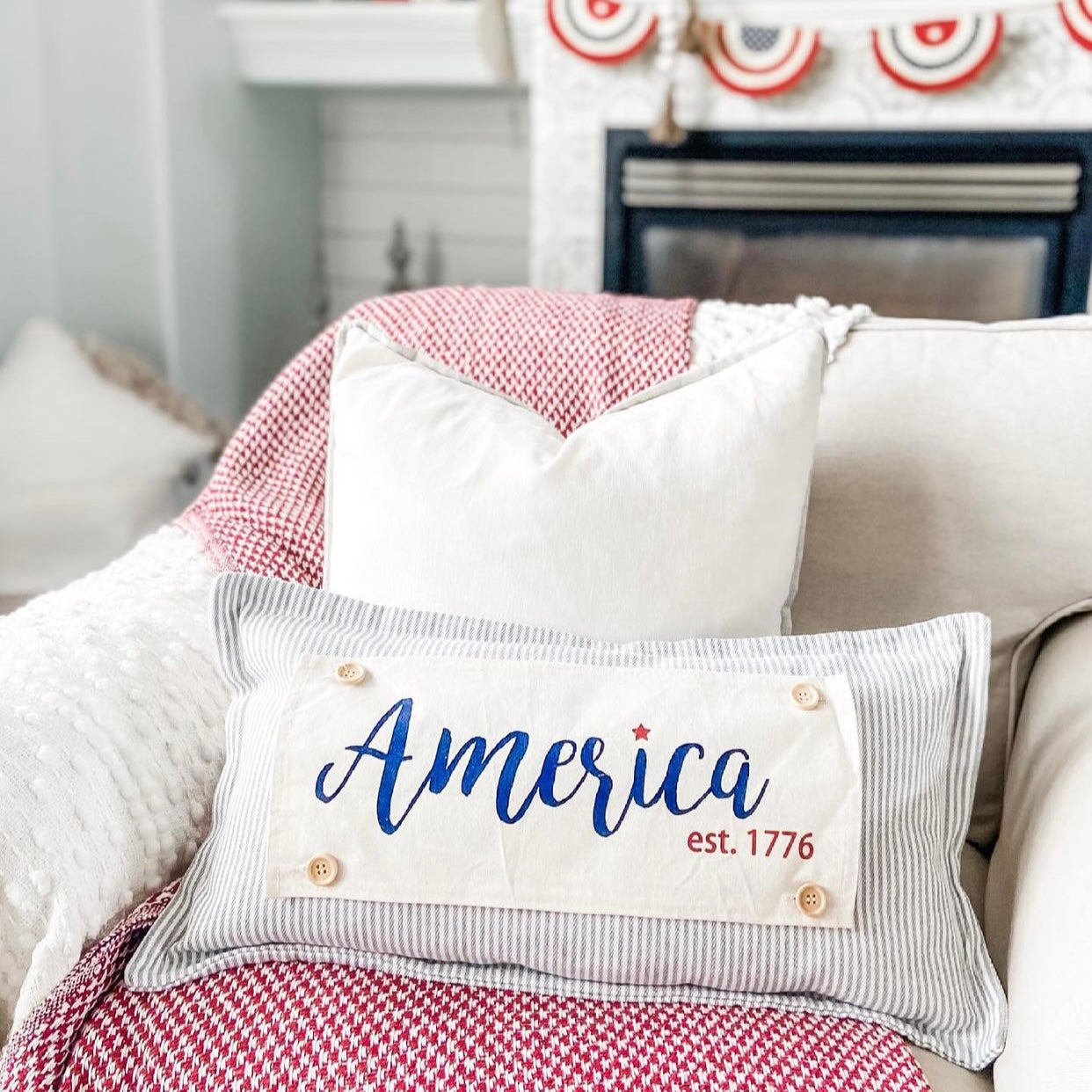 Holiday Panel: Summer, Star, Red, White and Blue, Cursive, Est. Vintage, Farmhouse; AMERICA 1776