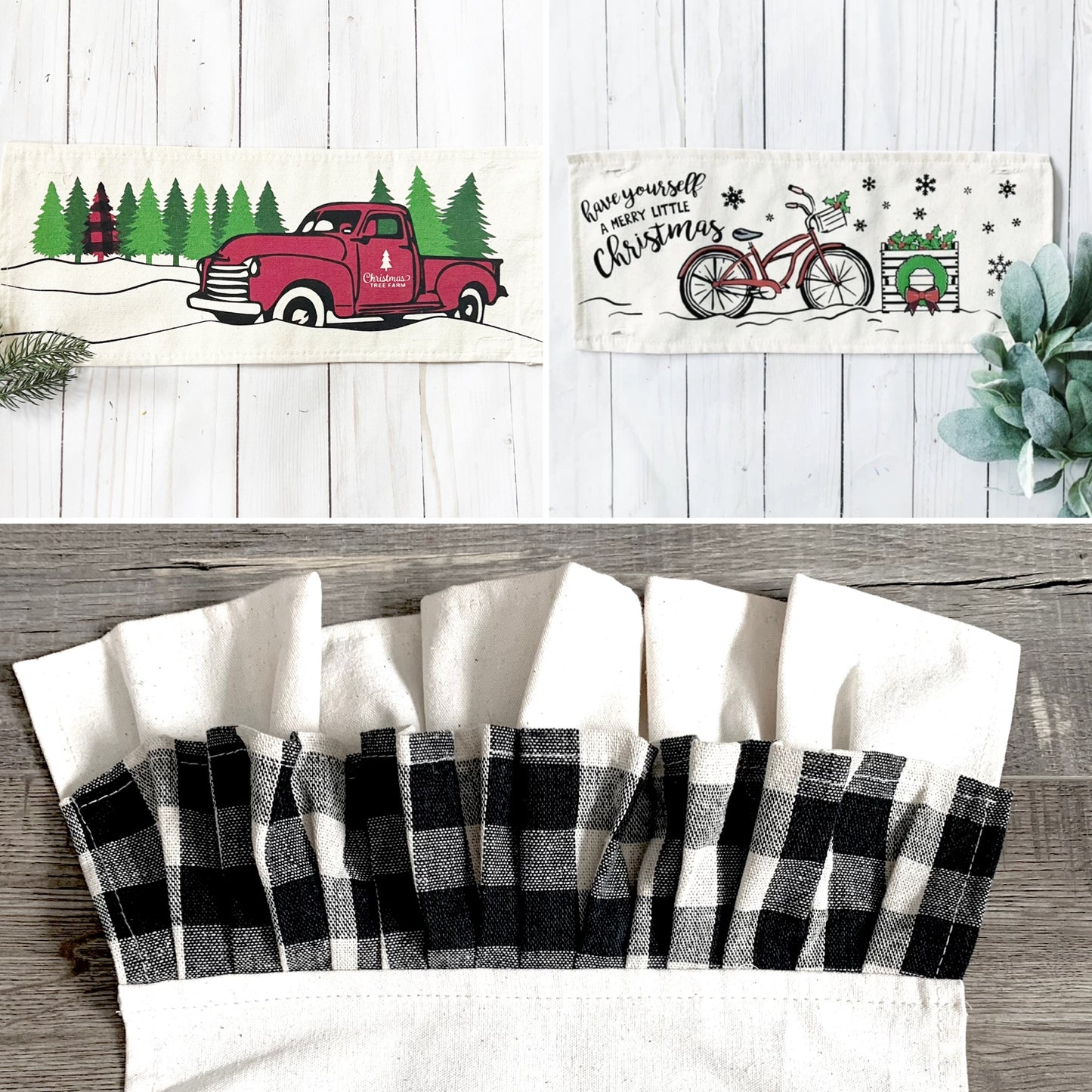 NEW! GIFT PARTY PACKAGE BUNDLE: Holiday Pillow Cover Panel Christmas Winter: Runner Combo VINTAGE CHRISTMAS BIKE / RED TRUCK + buffalo check runner