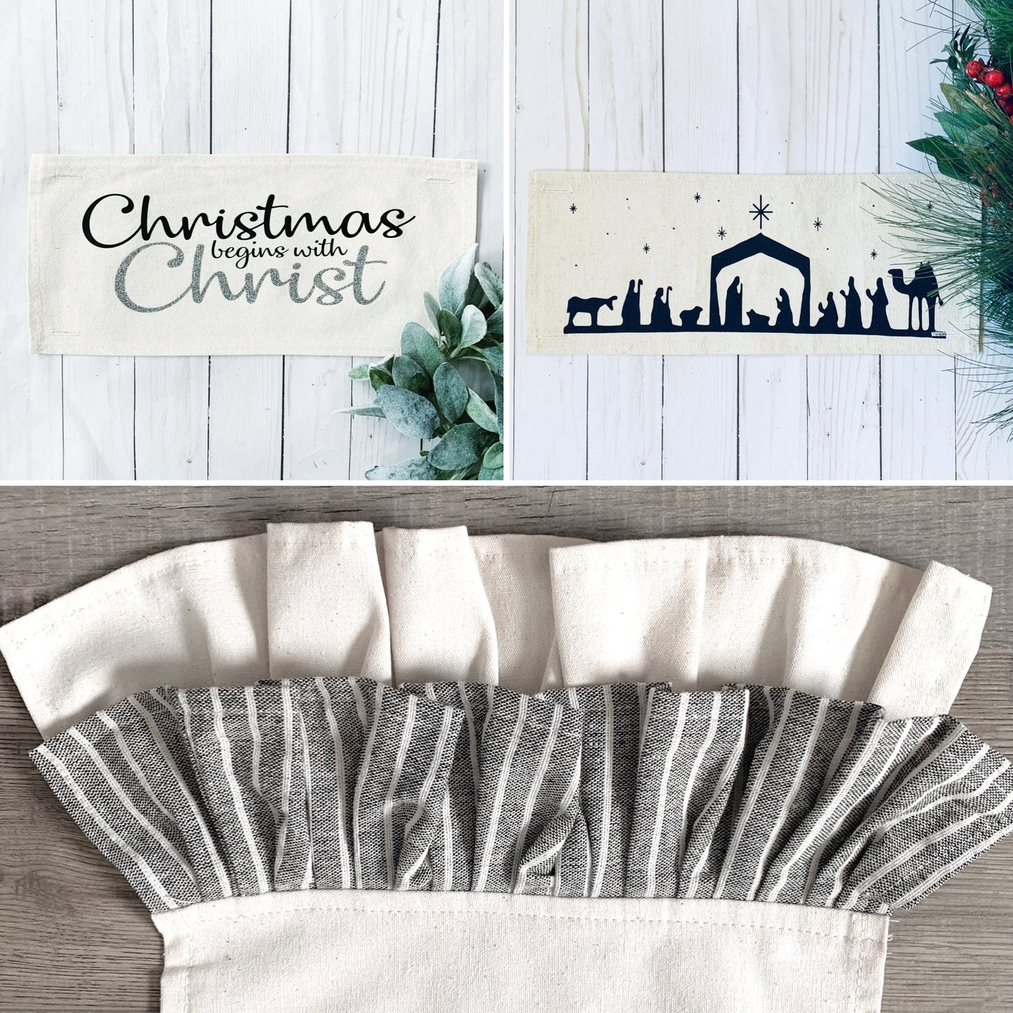 NEW! GLITTER GIFT PARTY PACKAGE BUNDLE: Holiday Pillow Cover Panel Christmas Winter: Runner Combo GLITTER CHRISTMAS BEGINS WITH CHRIST / NATIVITY SILOUETTE + CHARCOAL/GREY STRIPES TRABLE RUNNER