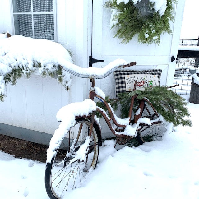 NEW! GIFT PARTY PACKAGE BUNDLE: Holiday Pillow Cover Panel Christmas Winter: Runner Combo VINTAGE CHRISTMAS BIKE / RED TRUCK + buffalo check runner