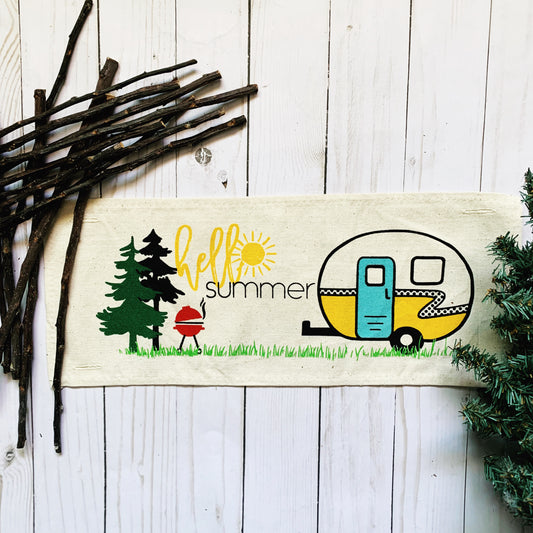 Seasonal Panel: Hello BBQ Summer Vintage Camping Yellow Sunshine Camper