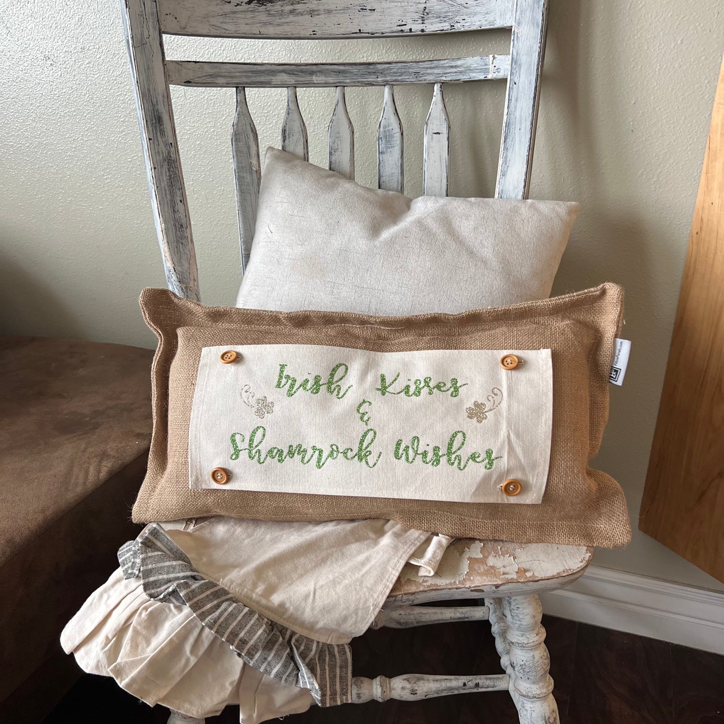 GLITTER PANEL ONLY: RECTANGLE Irish Kisses & Shamrock Wishes; Spring St. Saint Patrick's Day for throw pillow, GOLD CLOVER IRISH KISSES