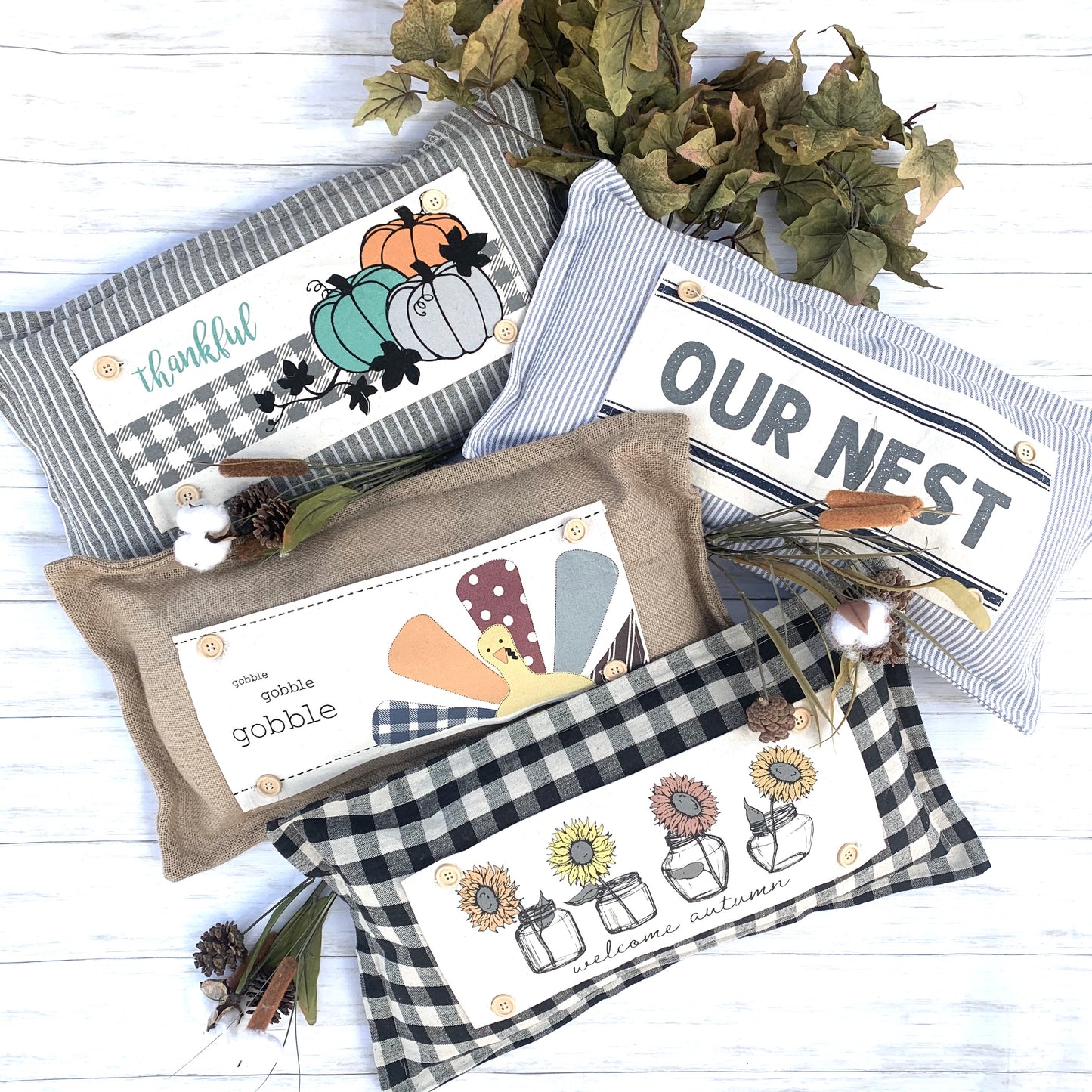 SEASONAL SET: Buffalo Check Gingham Pillow (comes w/ foam insert & these 4 panels in back pocket) SUNFLOWERS, SNOWMAN SCARVES, BE MY VALENTINE, SUMMER VINTAGE CAMPER